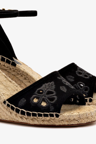 Letizia Espadrille Wedge In Black Suede and Hibiscus Broderie