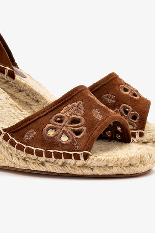 Letizia Espadrille Wedge In Burnt Umber and Hibiscus Broderie