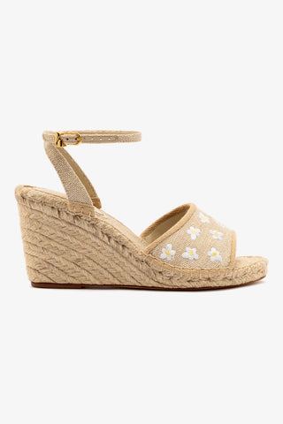 Letizia Espadrille Wedge In Raw Linen and Daisy Embroidery