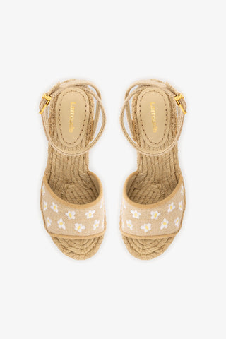 Letizia Espadrille Wedge In Raw Linen and Daisy Embroidery