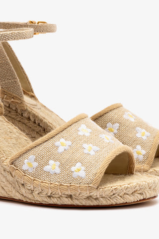 Letizia Espadrille Wedge In Raw Linen and Daisy Embroidery