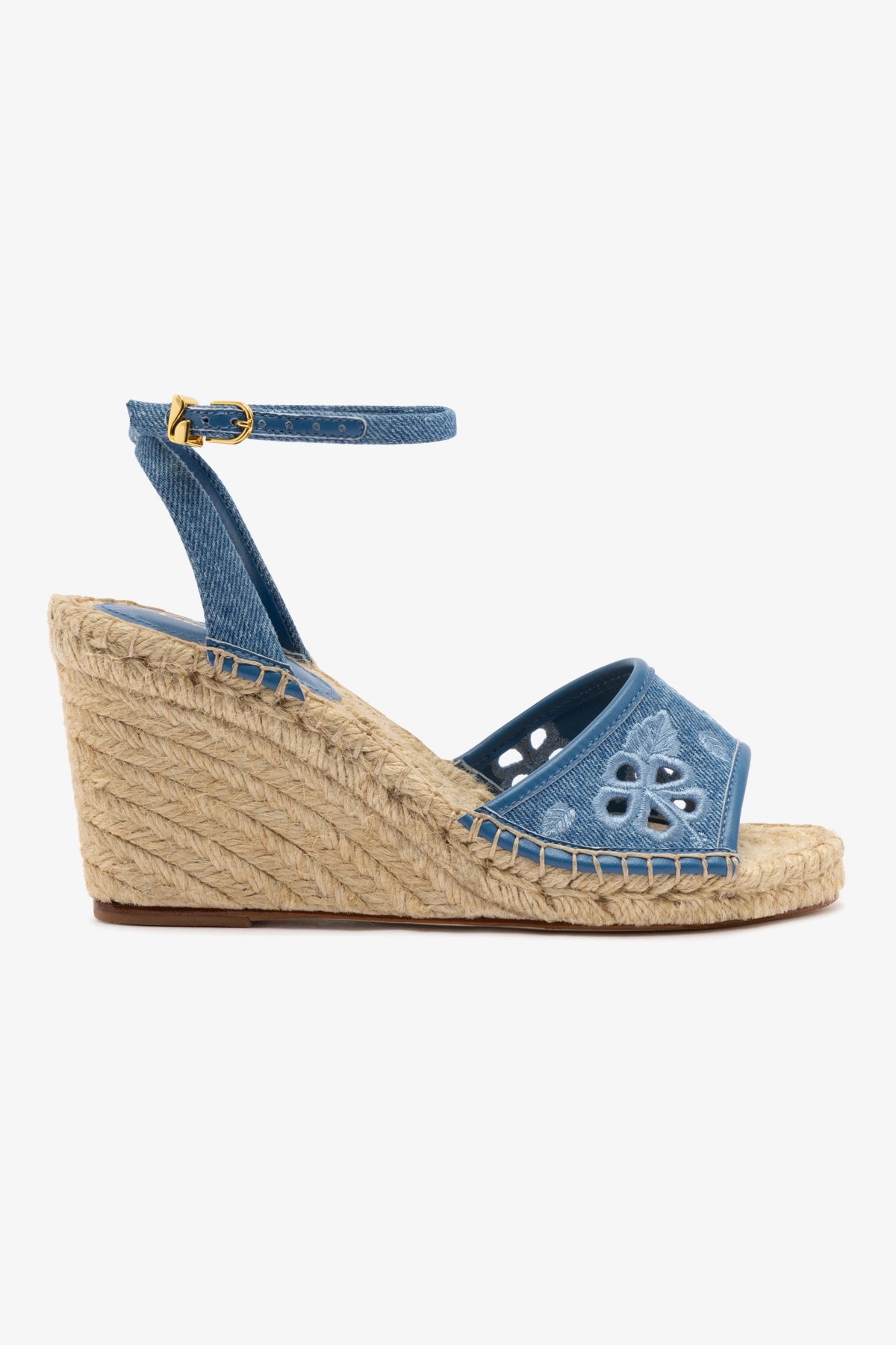 Letizia Espadrille Wedge In Blue Stoned Denim and Hibiscus