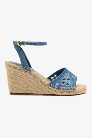 Letizia Espadrille Wedge In Blue Stoned Denim and Hibiscus Broderie