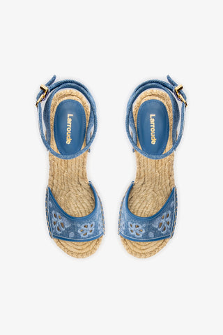 Letizia Espadrille Wedge In Blue Stoned Denim and Hibiscus Broderie