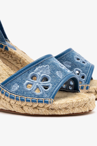 Letizia Espadrille Wedge In Blue Stoned Denim and Hibiscus Broderie