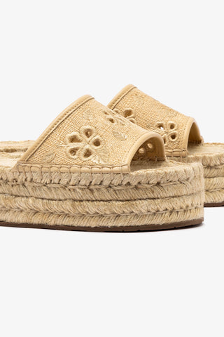 Letizia Espadrille Flatform In Beige Raffia and Hibiscus Broderie