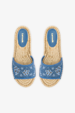 Letizia Espadrille Flatform In Blue Stoned Denim and Hibiscus Broderie