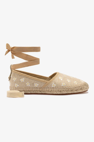 Letizia Espadrille Flat In Raw Linen and Daisy Embroidery