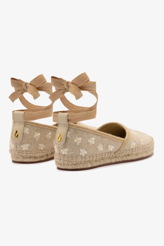 Letizia Espadrille Flat In Raw Linen and Daisy Embroidery