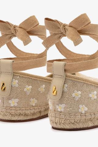 Letizia Espadrille Flat In Raw Linen and Daisy Embroidery