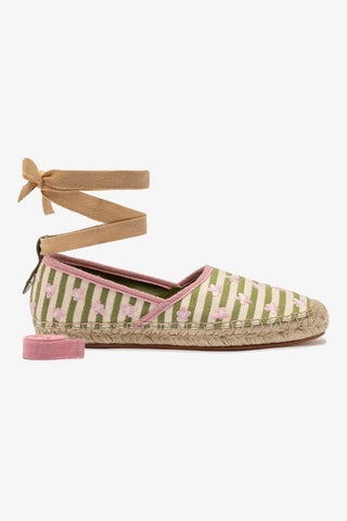 Letizia Espadrille Flat In Seaweed and Natural Striped Fabric and Daisy Embroidery