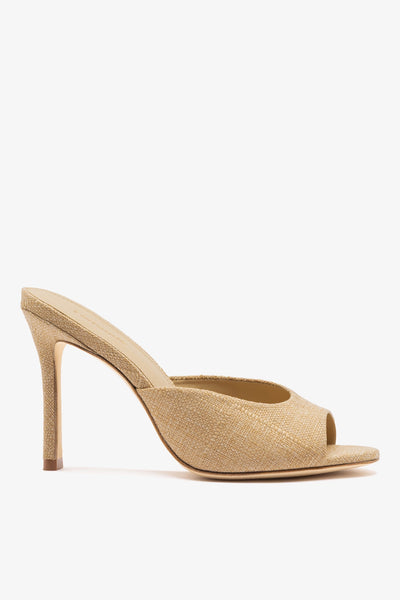 Raffia mule sandal with raffia upper, open toe and stiletto heel