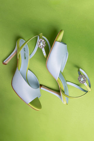 Jasmine Sandal Powder Blue and Green Satin Sandal Larroudé