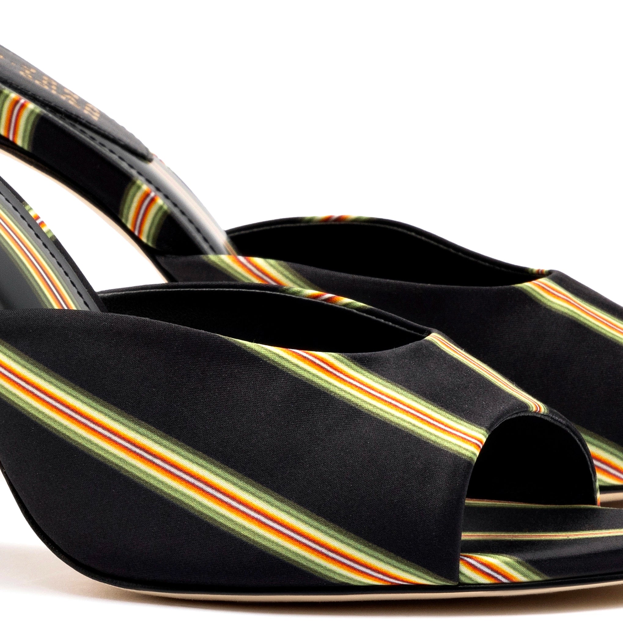 Larroude x Jonathan Cohen Mule In Black Striped Satin