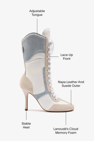 Larroudé x Jonathan Cohen High Heel Sneaker Boot In White Leather, Maya and Mushroom Grey Suede