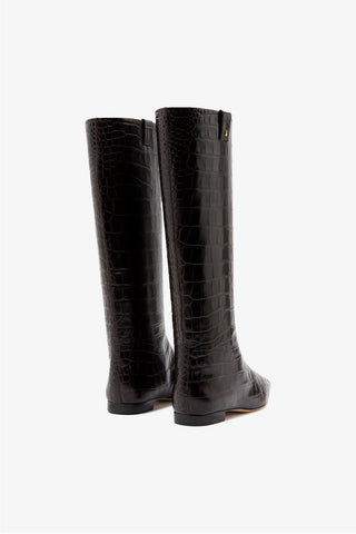 Alexis Flat Boot In Brown Croc Leather