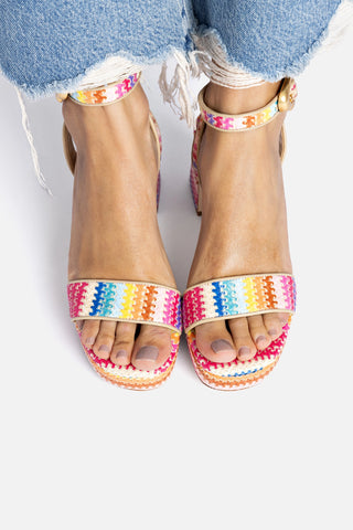 Dolly Verona Low Sandal In Rainbow Raffia and Beige Leather Sandal Larroudé