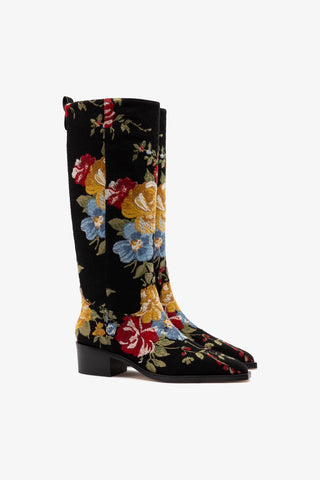 Larroudé x Markarian Florencia Boot In Floral Embroidery Black Fabric