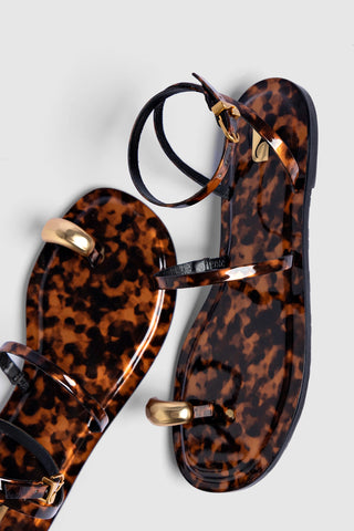 Biarritz Flat Sandal Tortoise Leather Flat - Sandal Larroudé