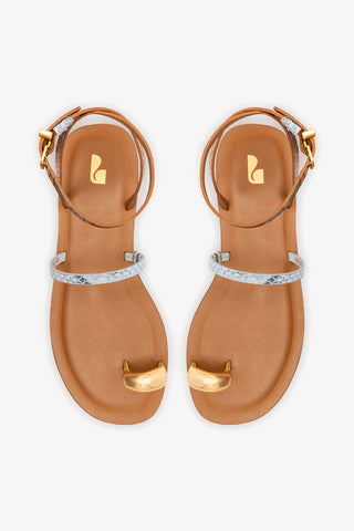 Biarritz Flat Sandal In Lemonade, Maya and Oud Python Embossed Leather