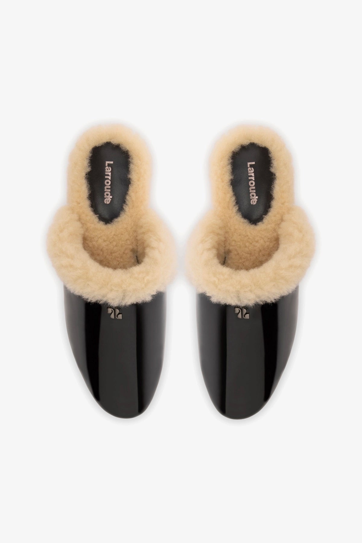 Venice Flat Mule In Black Patent Leather And Natural Shearling Venice Flat Mule In Black Patent Leather And Natural Shearling