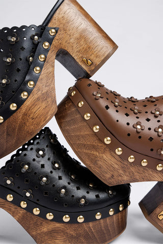 Miso Wooden Platform Clog Black Leather Mule Larroudé