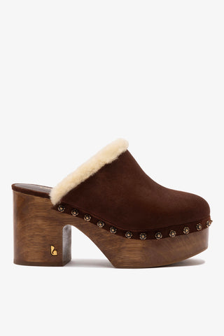 Miso Wooden Platform Clog In Brown Suede And Natural Shearling
