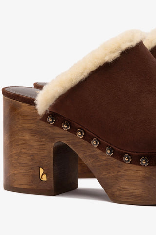 Miso Wooden Platform Clog In Brown Suede And Natural Shearling