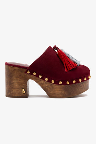 Miso Wooden Tassel Clog In Burgundy Suede