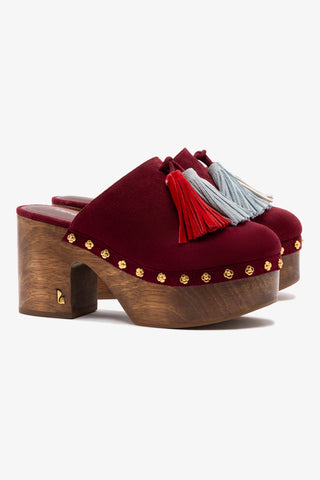 Miso Wooden Tassel Clog In Burgundy Suede