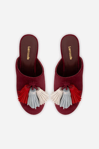 Miso Wooden Tassel Clog In Burgundy Suede