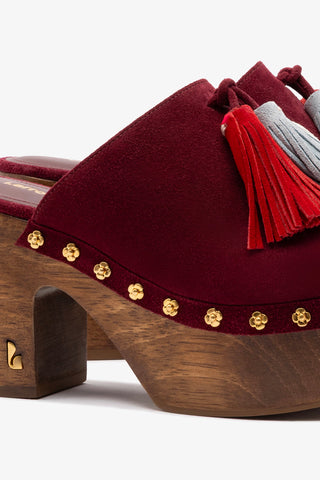 Miso Wooden Tassel Clog In Burgundy Suede