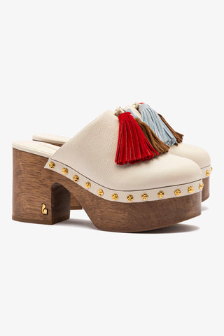 Miso Wooden Tassel Clog In Ivory Leather Mule Larroudé