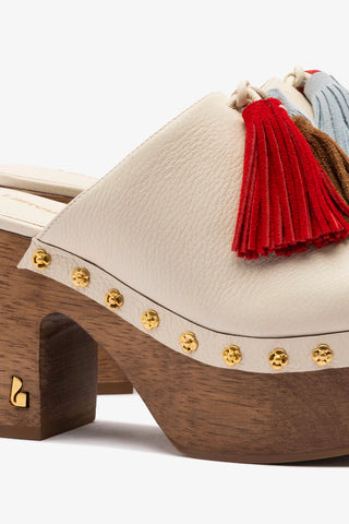 Miso Wooden Tassel Clog In Ivory Leather Mule Larroudé