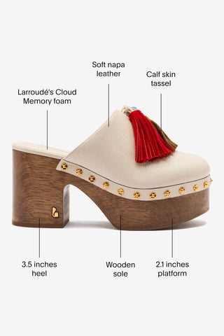 Miso Wooden Tassel Clog In Ivory Leather Mule Larroudé