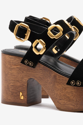 Miso Wooden Platform Sandal In Black Suede