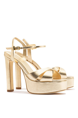Bianca High Platform Sandal In Platina Metallic Leather Sandal Larroudé
