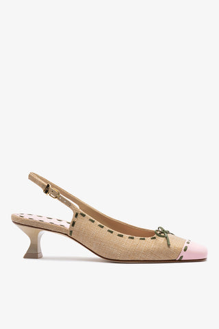 Jenny Pump In Beige Raffia and Tulip and Seaweed Leather Womens - Shoes - Pumps Larroudé