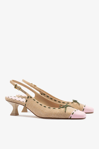 Jenny Pump In Beige Raffia and Tulip and Seaweed Leather Womens - Shoes - Pumps Larroudé
