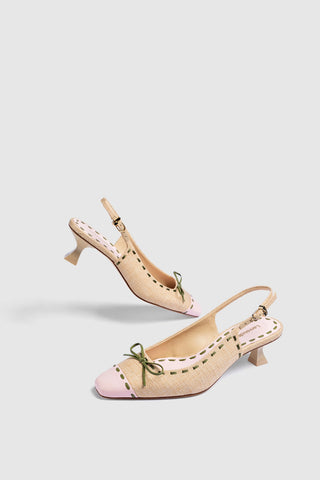 Jenny Pump In Beige Raffia and Tulip and Seaweed Leather Womens - Shoes - Pumps Larroudé
