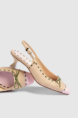 Jenny Pump In Beige Raffia and Tulip and Seaweed Leather Womens - Shoes - Pumps Larroudé