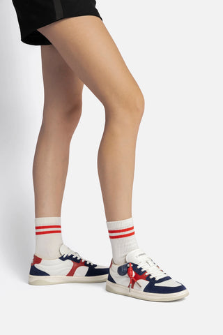 George Sneaker In White and Blood Red Leather and Navy Suede