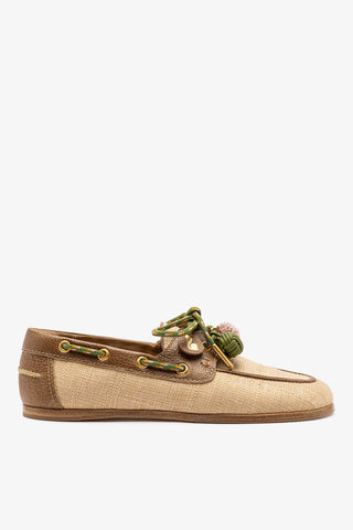 Cyprus Boat Shoe In Beige Raffia And Brown Leather