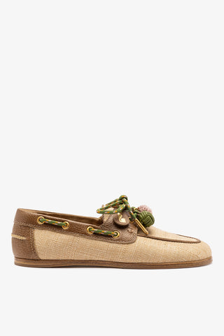 Cyprus Boat Shoe In Beige Raffia And Brown Leather Loafer Larroudé