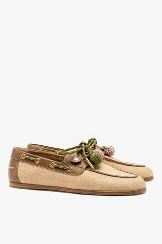 Cyprus Boat Shoe In Beige Raffia And Brown Leather Loafer Larroudé