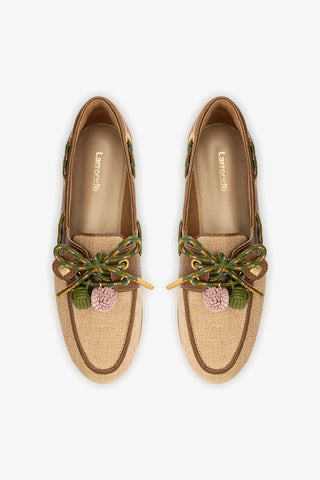 Cyprus Boat Shoe In Beige Raffia And Brown Leather Loafer Larroudé