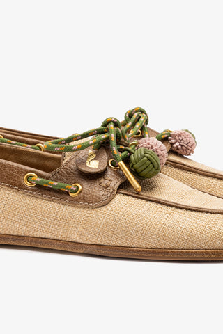 Cyprus Boat Shoe In Beige Raffia And Brown Leather