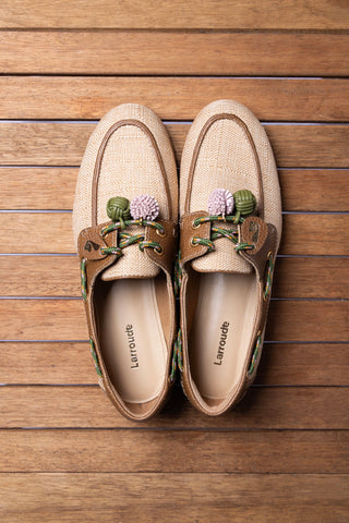 Cyprus Boat Shoe In Beige Raffia And Brown Leather Loafer Larroudé