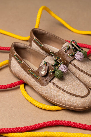 Cyprus Boat Shoe In Beige Raffia And Brown Leather Loafer Larroudé