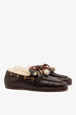 Cyprus Boat Shoe In Brown Leather And Ivory Shearling